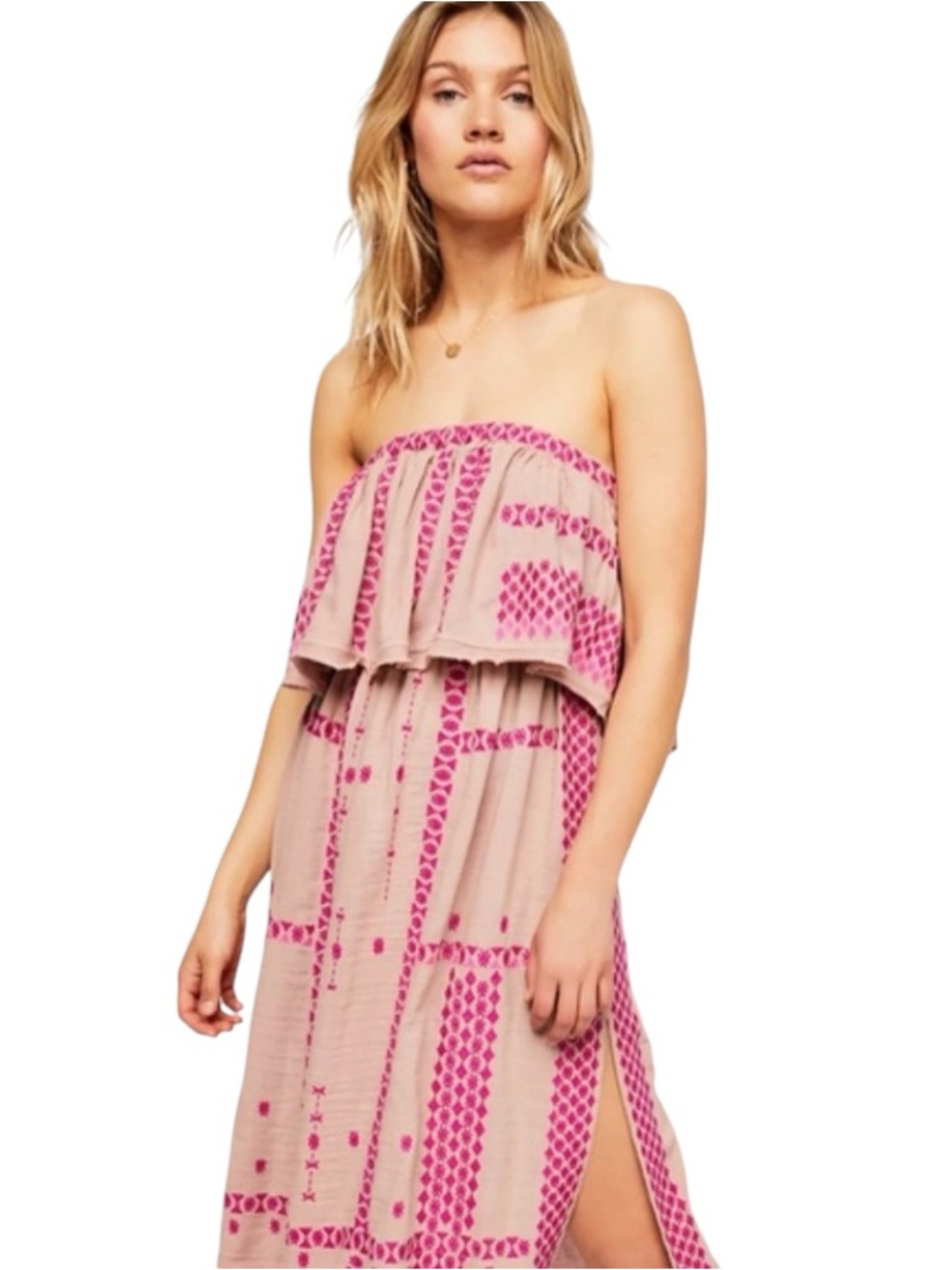 Free People Wild Romance Pink Embroidered Midi Dress Size M
